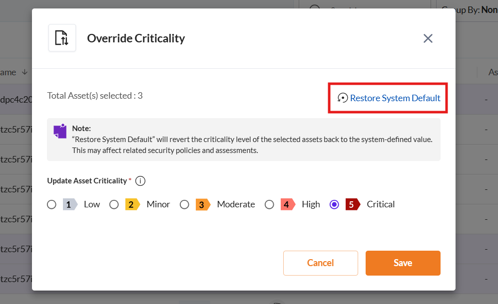 Restore System Default Asset Criticality - Securin Platform Documentation