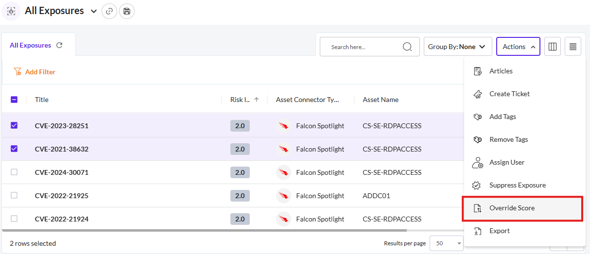 Override an Exposure Score - Securin Platform Documentation