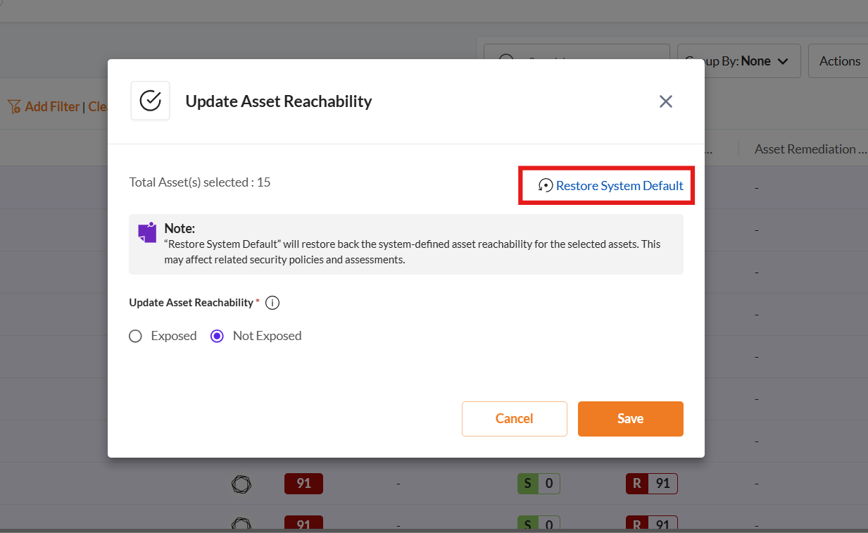 Revert an Updated Asset Reachability - Securin Platform Documentation