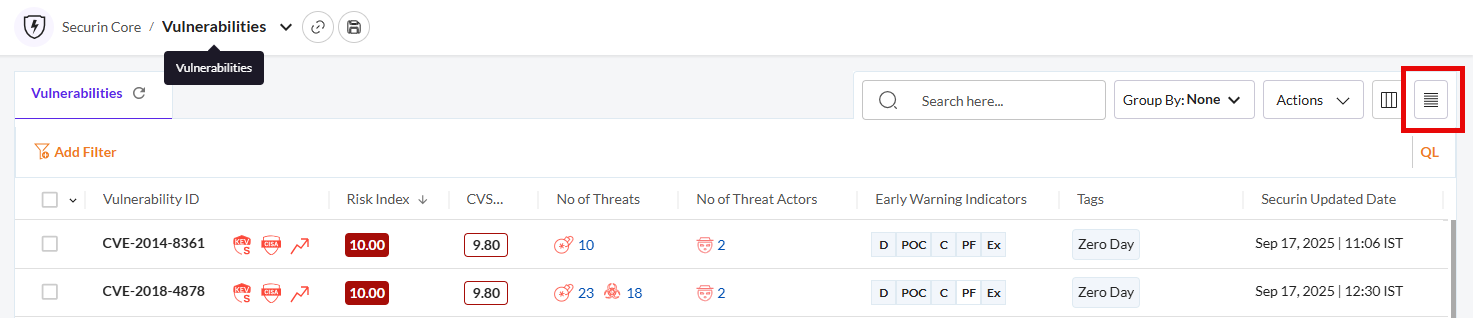 Customize Rows and Columns - Securin Platform Documentation