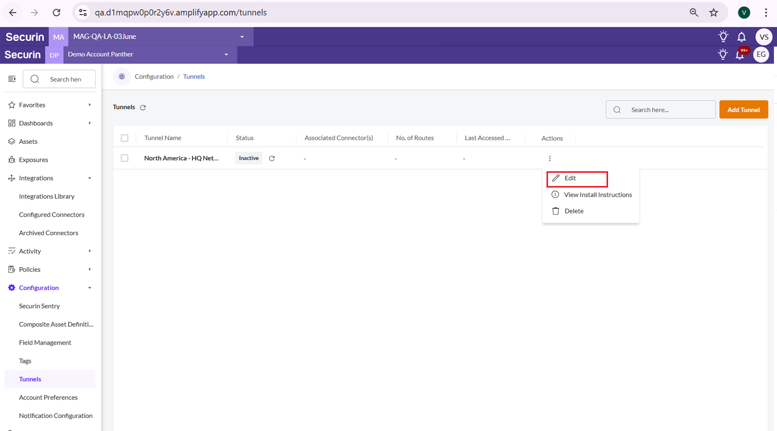 Delete a Route from a Tunnel - Securin Platform Documentation