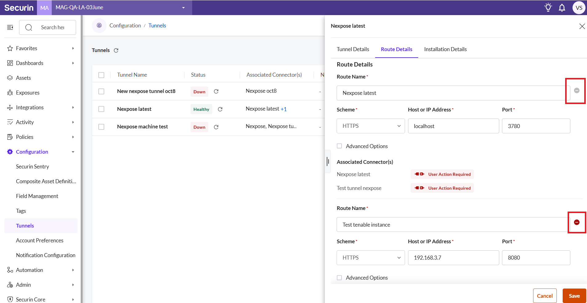 Delete a Route from a Tunnel - Securin Platform Documentation