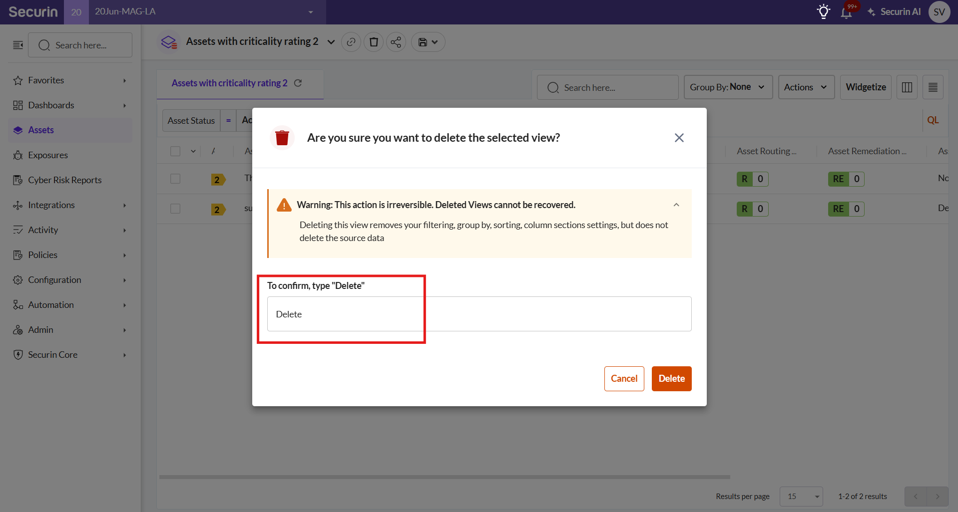 Delete a Custom View - Securin Platform Documentation