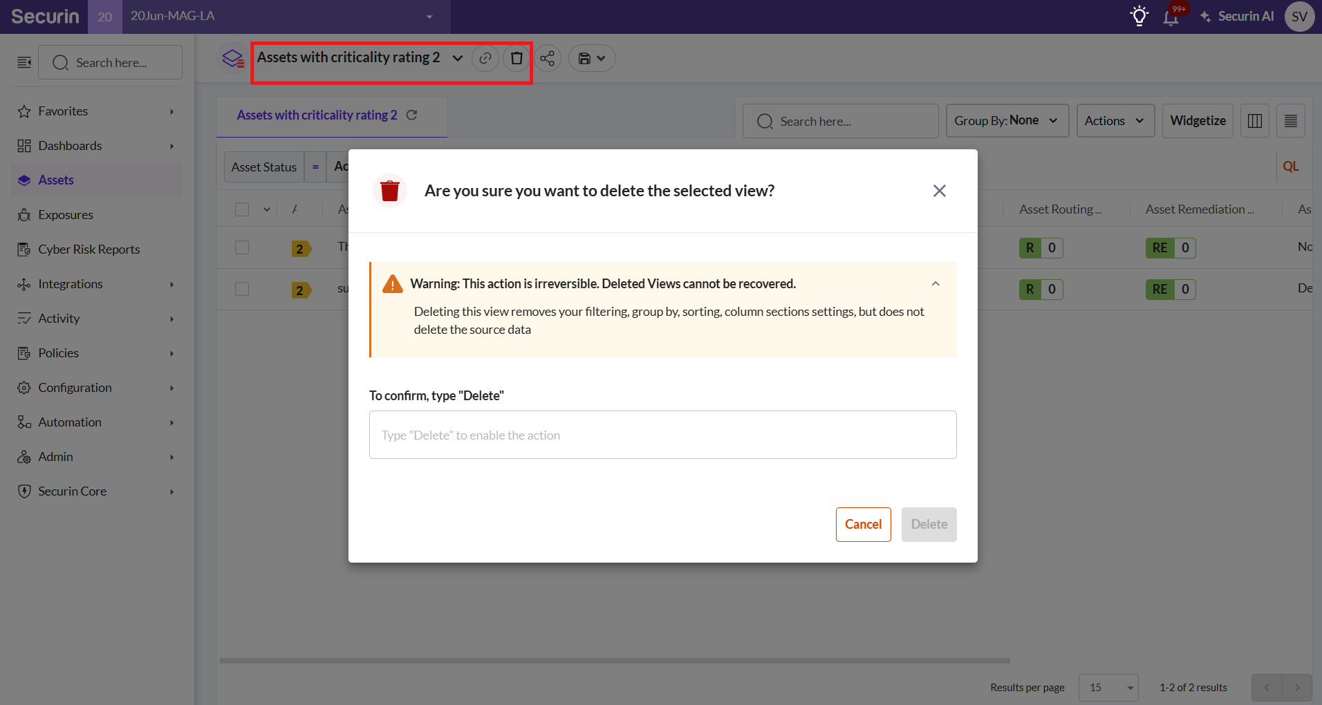 Delete a Custom View - Securin Platform Documentation
